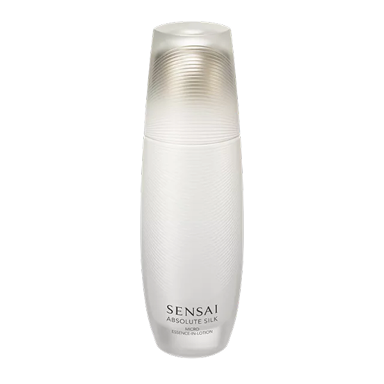 Absolute Silk Micro Essence in Lotion : ein weißer Glasflakon mit goldenem Farbverlauf und Schraubverschluss