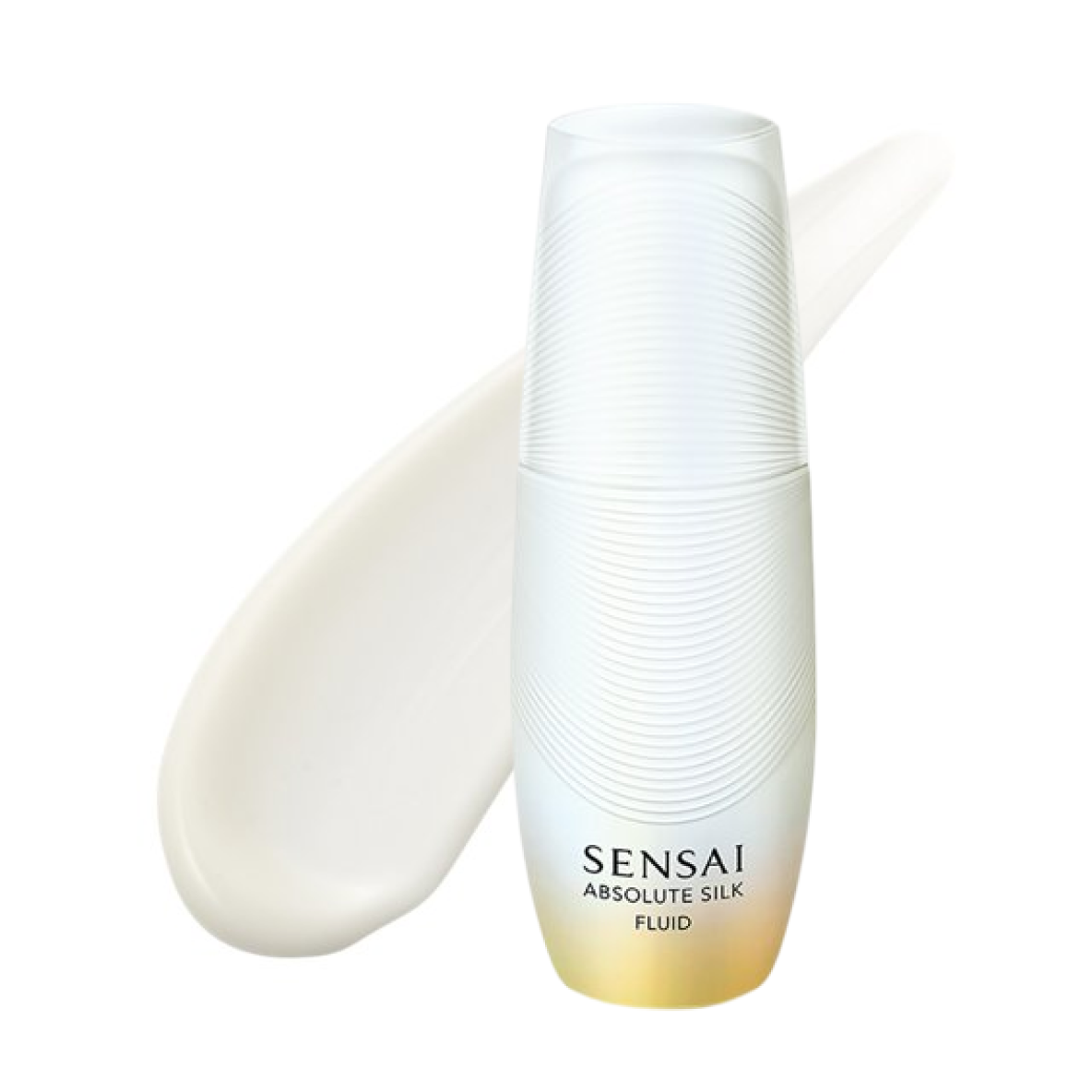 Absolute Silk Fluid, weiße Glasflasche mit einer Creme-Textur.