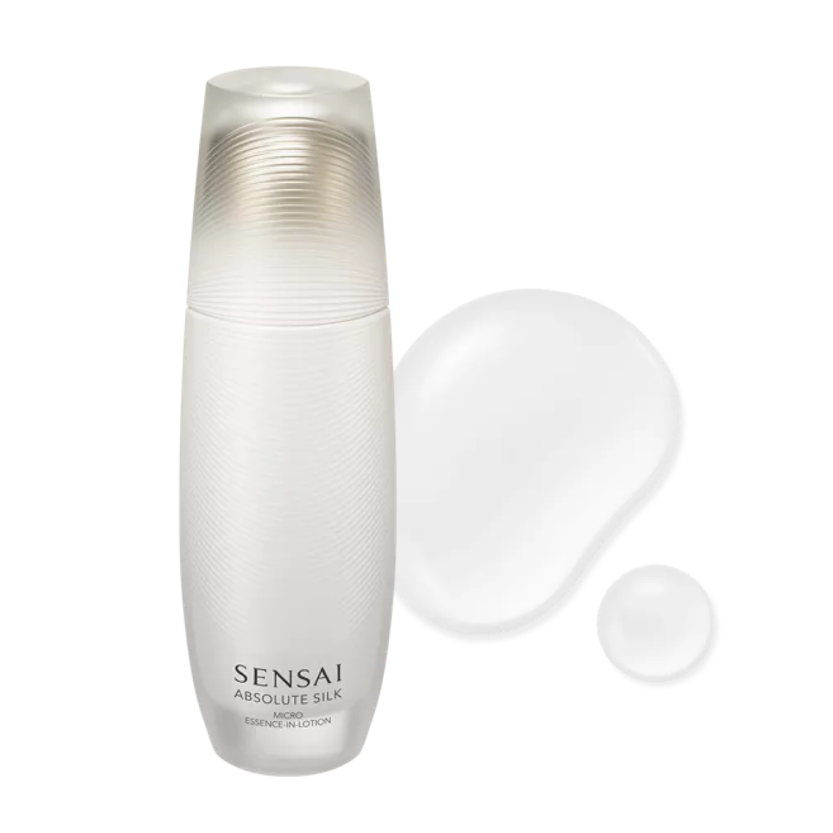 Absolute Silk Micro Essence-in-Lotion, weiße Glasflasche mit zwei seidigen Lotions-Texturen.