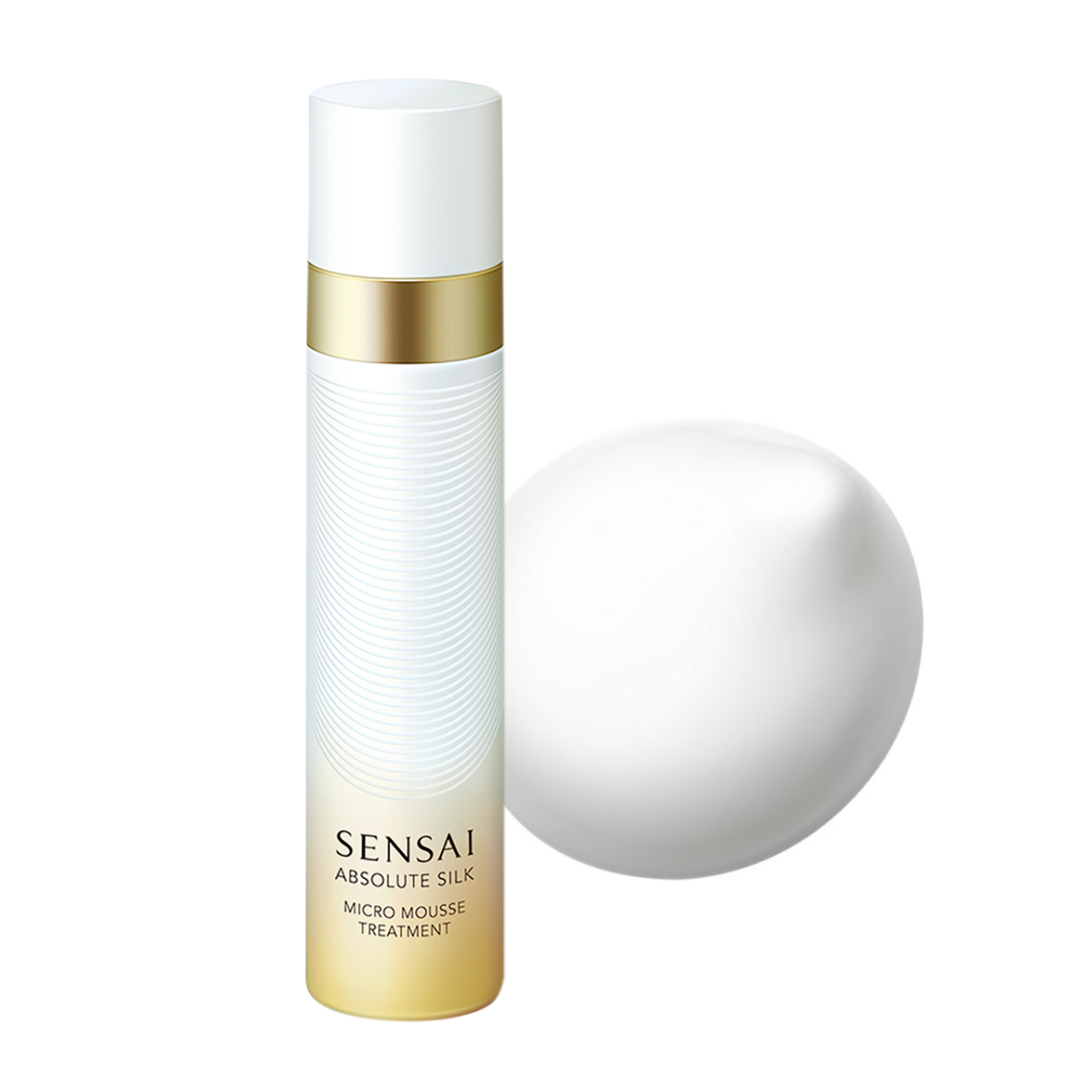 Absolute Silk Micro Mousse Treatment, weiße Flasche mit einer Mousse-Textur.