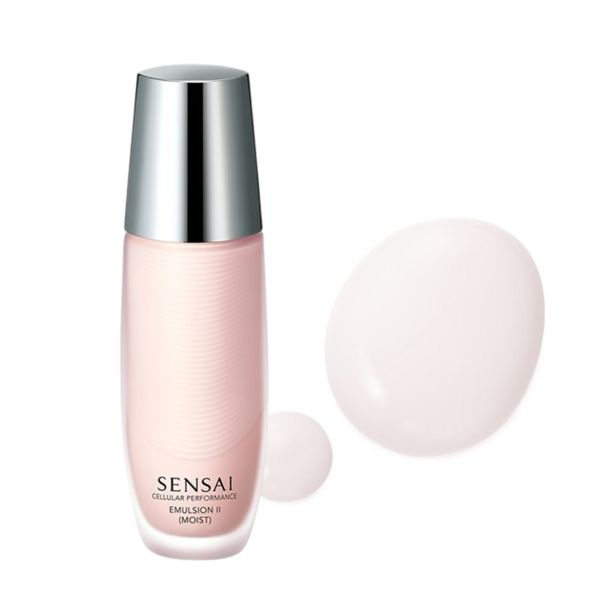 Cellular Performance Emulsion 2 Moist, rosa Glasflasche mit zwei Emulsion-Texturen.