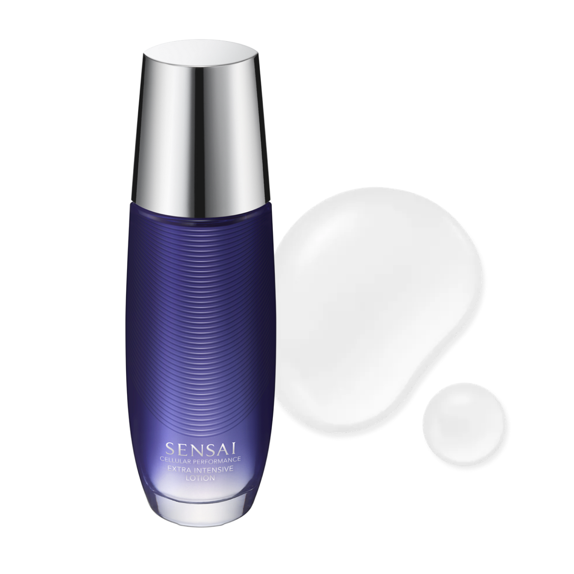 Cellular Performance Extra Intensive Lotion, dunkelblaue Glasflasche mit zwei Lotions-Texturen.