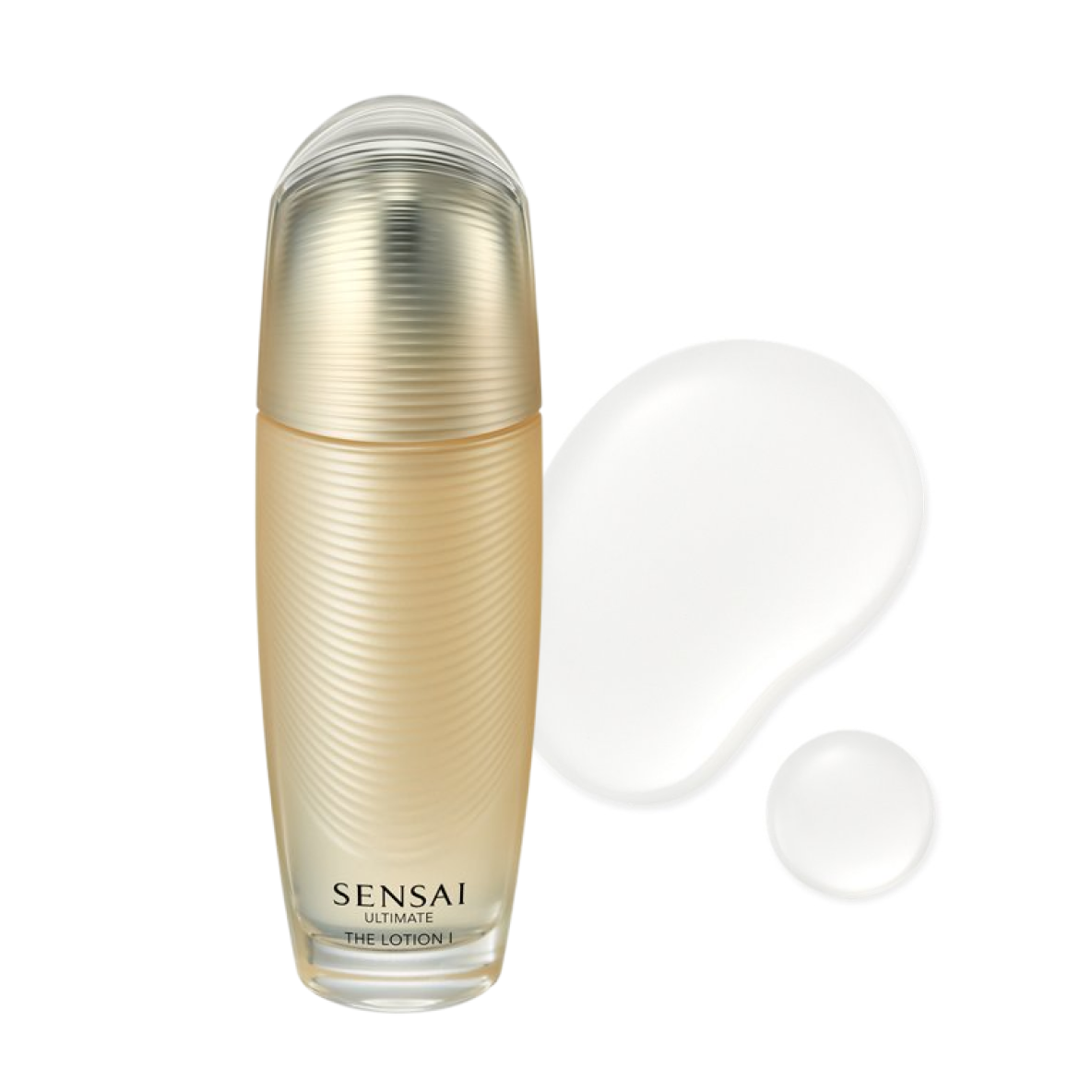 Ultimate The Lotion 1, goldene Glasflasche mit zwei Lotions-Texturen.