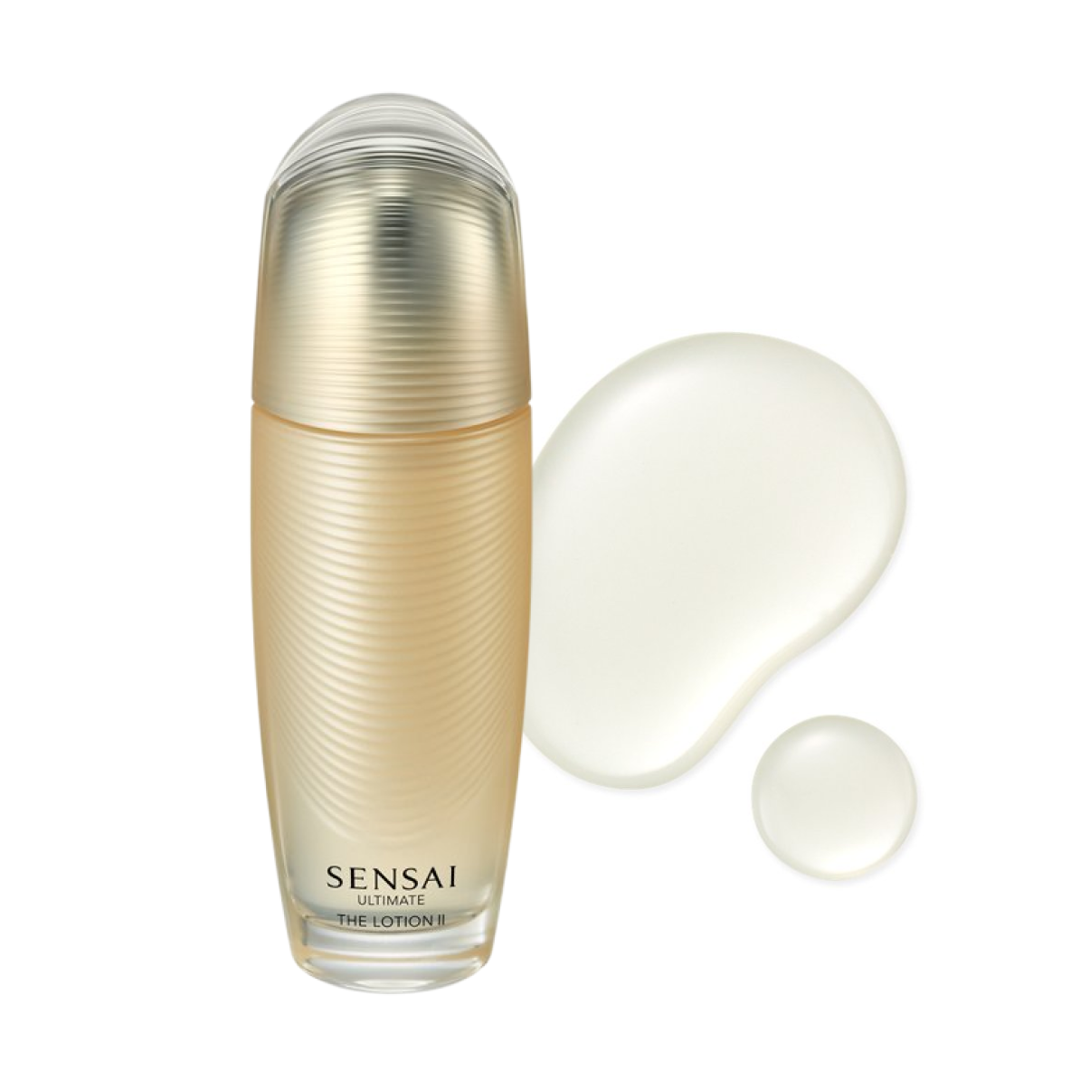 Ultimate The Lotion 2, goldene Glasflasche mit zwei Lotions-Texturen.